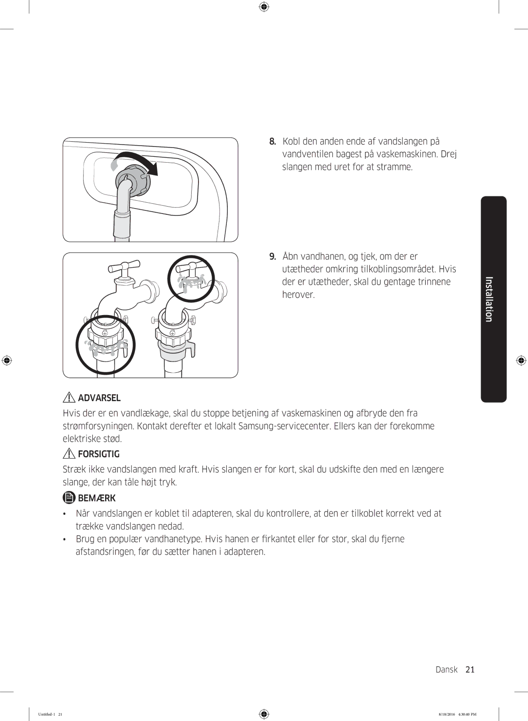 Samsung WW60J3283LW1EE manual Dansk 21  